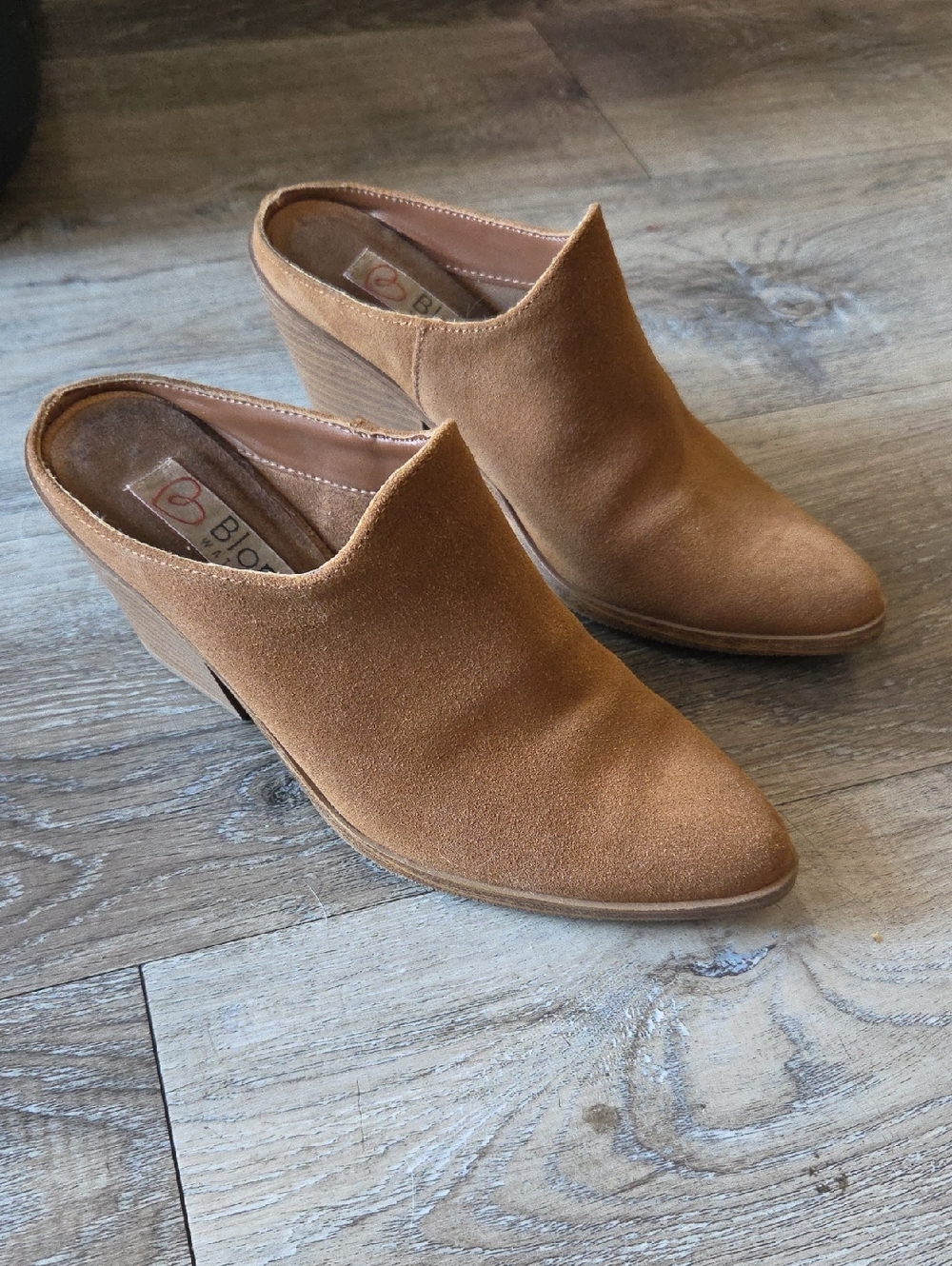 Blondo Tan Suede Wedge Mule — Slip-On Pointed Toe Clog